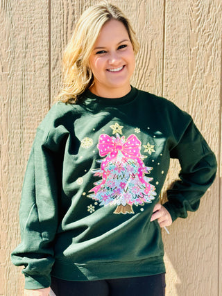 Pink Christmas Bow Tree Sweatshirt on Forest Green Final Sale