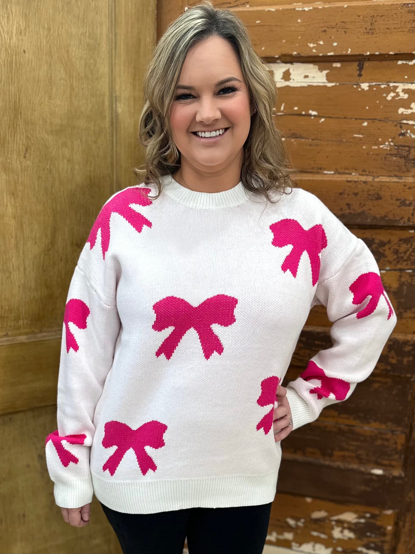 Pink Bow Pattern Crew Neck Long Sleeve Sweater