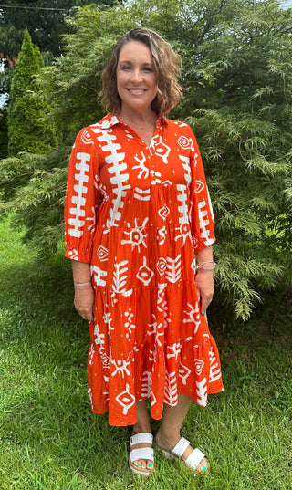 Tangerine/Gold Foil Abstract Print Tiered Dress with a Collar and Elastic at the Wrists