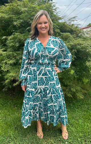 Teal Mix Printed Double Tier Elastic Waist Midi Dress with a Front Tie and Long Sleeves