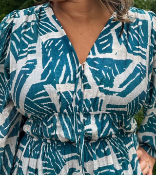 Teal Mix Printed Double Tier Elastic Waist Midi Dress with a Front Tie and Long Sleeves