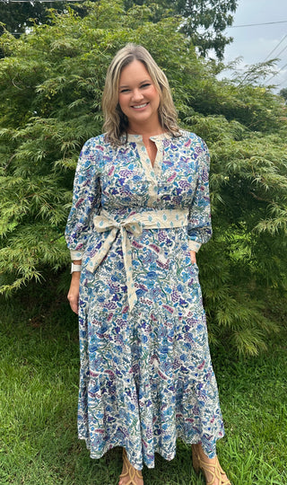Cobalt Floral Print Tiered Half Button Midi Dress with Contrasting Fabric Details