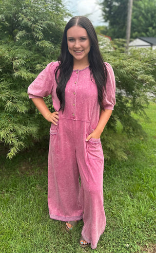 Berry Mineral Washed Button Up Wide Leg Jumpsuit Final Sale