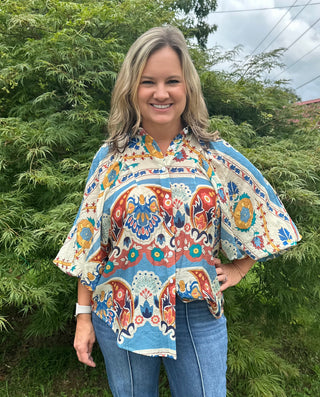 Slate Blue Loose Fit Button Down Shirt in a Bold Print Final Sale
