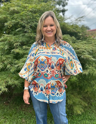 Slate Blue Loose Fit Button Down Shirt in a Bold Print Final Sale
