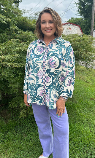 Teal Floral Print Button Down with Contrasting Print Accents Final Sale
