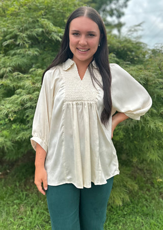 Cream Satin V-Neck Blouse with a Smocked Yoke and Ruffled Collar Final Sale