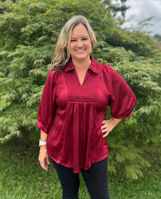 Burgundy Satin V-Neck Blouse with a Smocked Yoke and Ruffled Collar Final Sale