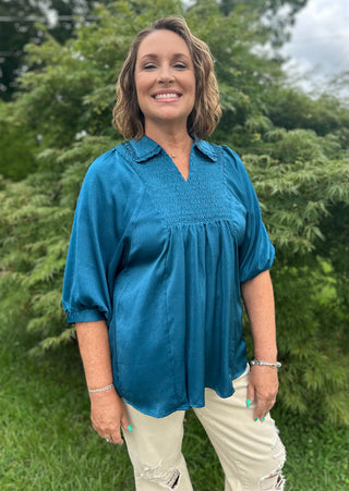Teal Blue Satin V-Neck Blouse with a Smocked Yoke and Ruffled Collar FINAL SALE