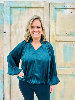 Hunter Green Balloon Sleeve V-Neck Top FINAL SALE