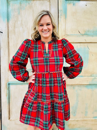 Red Plaid Scallop Trim Detail Babydoll Mini Dress