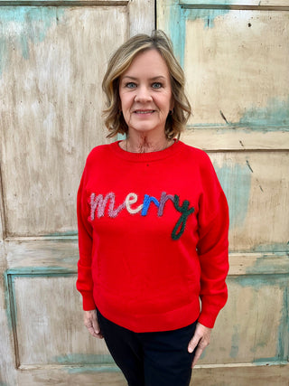 MERRY TINSEL GRAPHIC CREW NECK PULLOVER SWEATER Final Sale