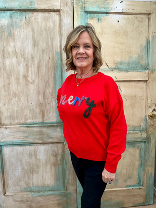 MERRY TINSEL GRAPHIC CREW NECK PULLOVER SWEATER Final Sale