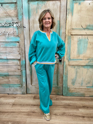 Sage Color Block Band Detail Comfy Knit Top & Pants Set Final Sale!