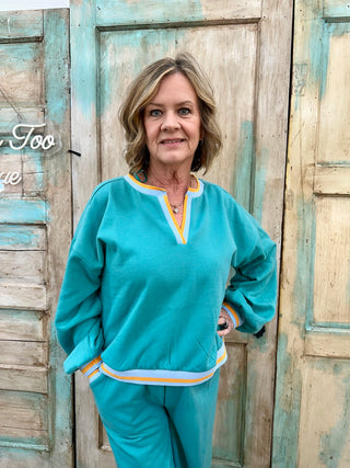 Sage Color Block Band Detail Comfy Knit Top & Pants Set Final Sale!