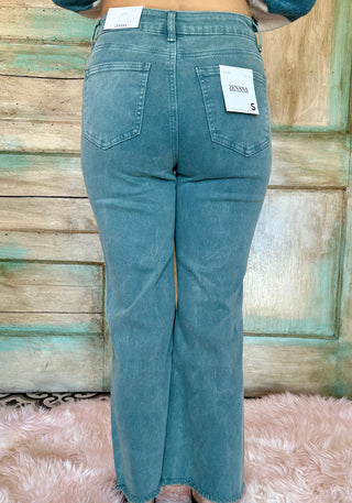 TEAL ACID WASHED HIGH WAIST FRAYED HEM BOOTCUT PANTS