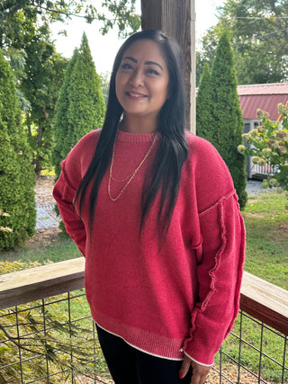 Curvy Dark Red Exposed Seam Round Neck Sweater Final Sale