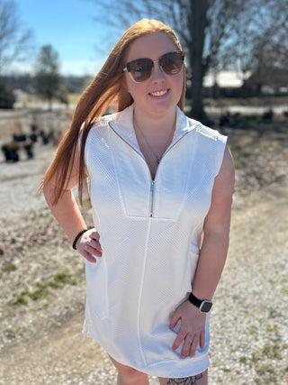 White Textured Half Zip Collared Cap Sleeve Mini Dress Final Sale