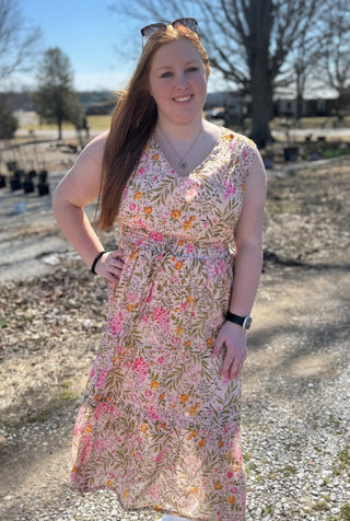 Floral Print Midi Dress with Pintuck and Drawstring Details Final Sale