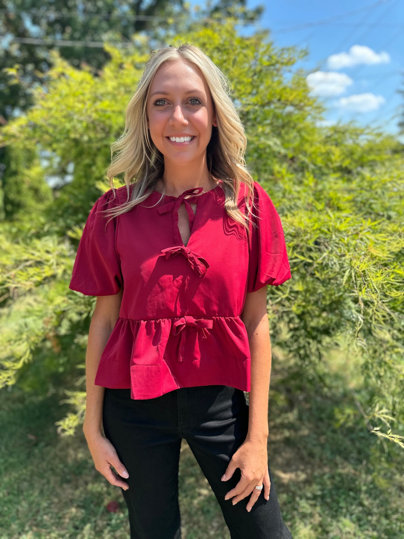 Burgundy Solid Short Puff Sleeve Peplum Top