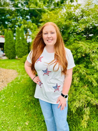 Curvy Sequin Star Round Neck Short Sleeve Top