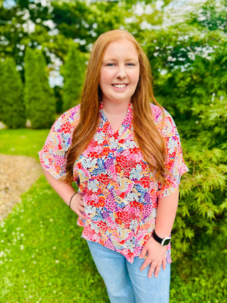 Curvy Printed Notched Neck Half Sleeve Top Final Sale