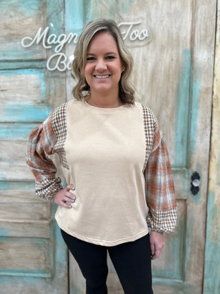 Curvy Oatmeal/Rust Solid Top W/ Contrast Plaid Print Sleeves Final Sale