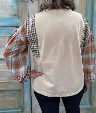 Curvy Oatmeal/Rust Solid Top W/ Contrast Plaid Print Sleeves Final Sale