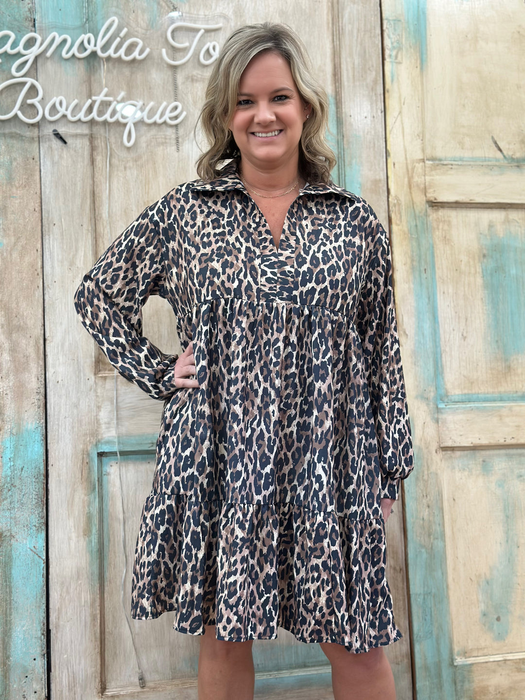 knee length dresses for ladies Curvy Babydoll Leopard Print Midi Woven Dress Final Sale 3X