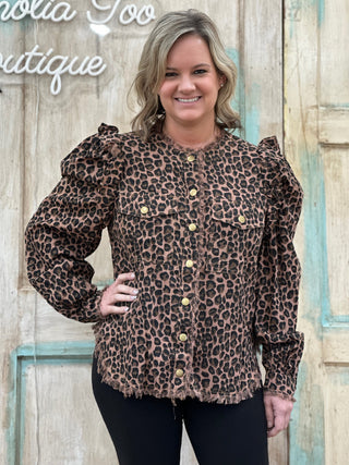Leopard Collarless Lightweight Jacket w/ Ruffled Shoulders Final Sale