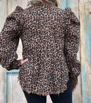 Leopard Collarless Lightweight Jacket w/ Ruffled Shoulders Final Sale