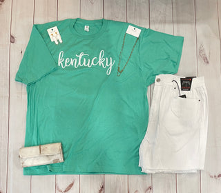 White KY Script V-Neck Tee on Mint