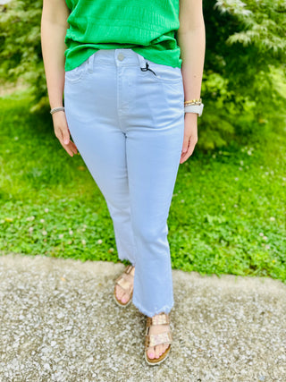 Mica White High Rise Crop Flare Jeans With Uneven Hem Final Sale