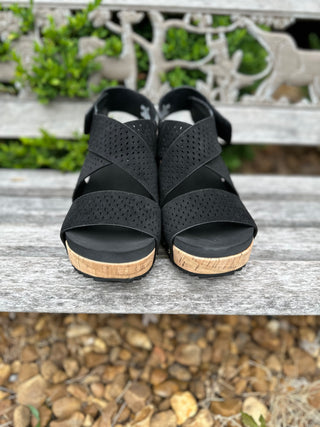 Corkys "Guilty Pleasure" in Black Faux Suede Wedges