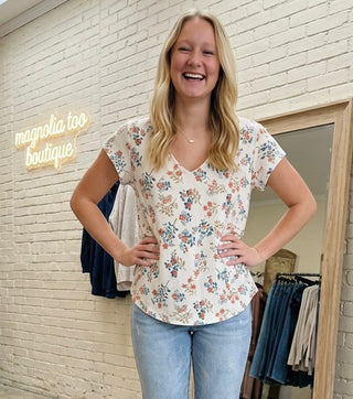 Cream Floral V-Neck Jersey Top Final Sale