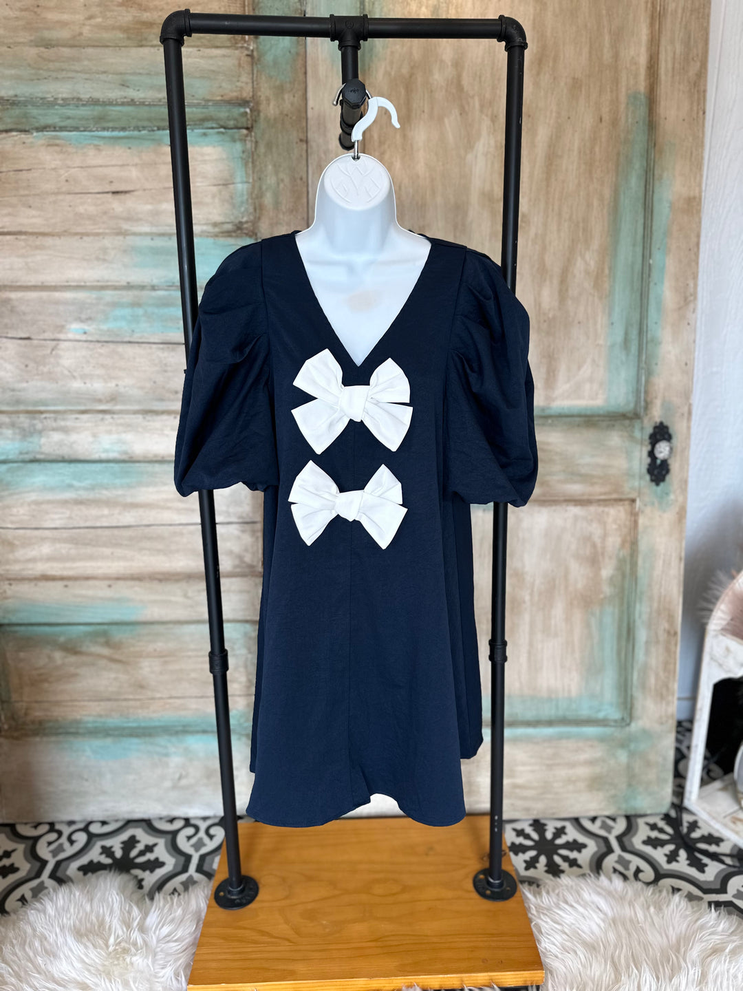 navy blue dress with white bow Navy/White Dress with Bow Details Final Sale M