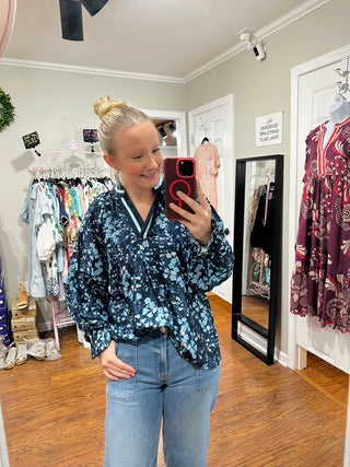 Denim Floral Print Contrast Trim Long Sleeve Blouse