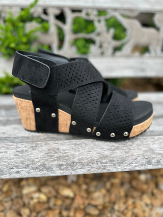 Corkys "Guilty Pleasure" in Black Faux Suede Wedges