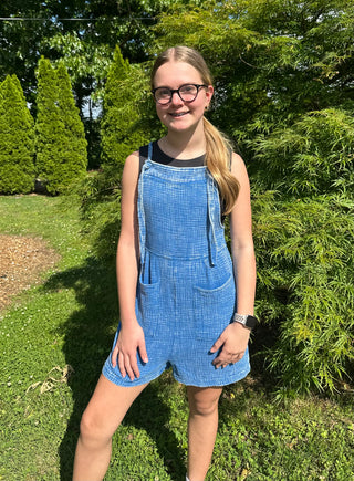 Classic Blue Woven Double Gauze Acid Washed Romper Final Sale