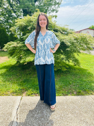 Blue Smocked Short Sleeve Top