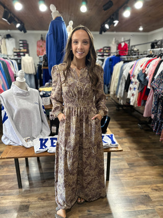 Brown Floral Smocked Waist Maxi Dress