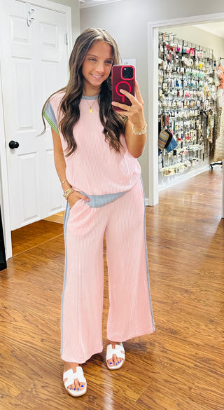 Pink Colorblock Corded Top and Pant Set Final Sale