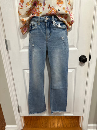 Medium Wash High Rise Straight Raw Hem Cropped Denim Jeans