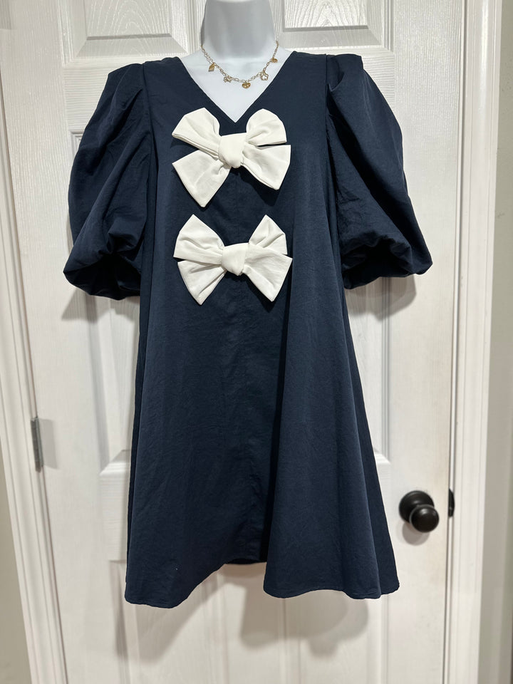 navy blue dress with white bow Navy/White Dress with Bow Details Final Sale M