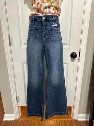 RISEN HIGH-RISE PATCHED POCKET FRONT FLARE JEANS in DARK WASH