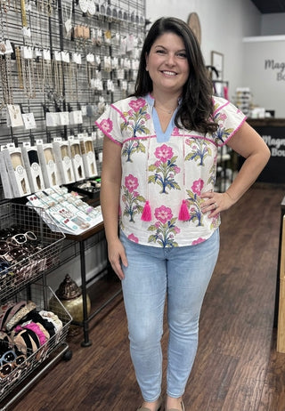Curvy Pink Vintage Floral Print V Neck Top FINAL SALE