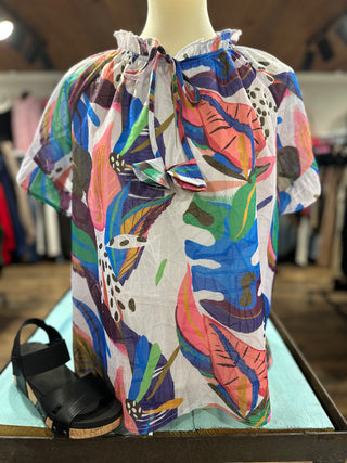 Blue Abstract Print Top with Flutter Sleeves Final Sale