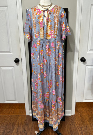 Curvy Light Blue Printed Tie Neck Flutter Sleeve Maxi Dress Final Sale