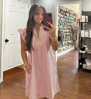 RED SMOCKED RUFFLE SLEEVE, STRIPED SEERSUCKER DRESS WITH SIDE POCKETS Final Sale
