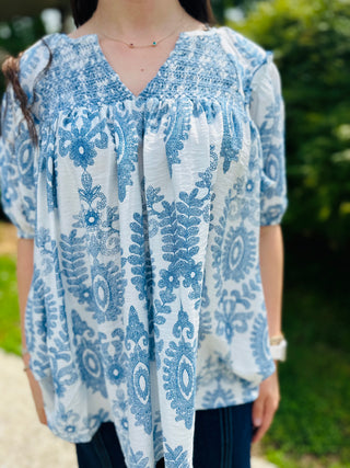 Blue Smocked Short Sleeve Top